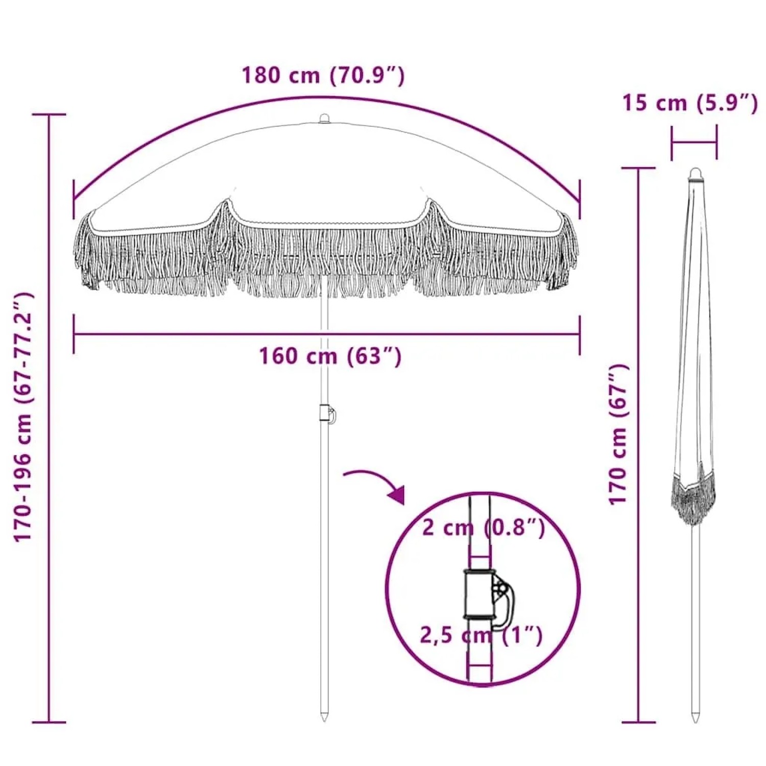 vidaXL Sonnenschirm, grau-weiß, Ø 160cm, Stahl, mit Maßangaben.
