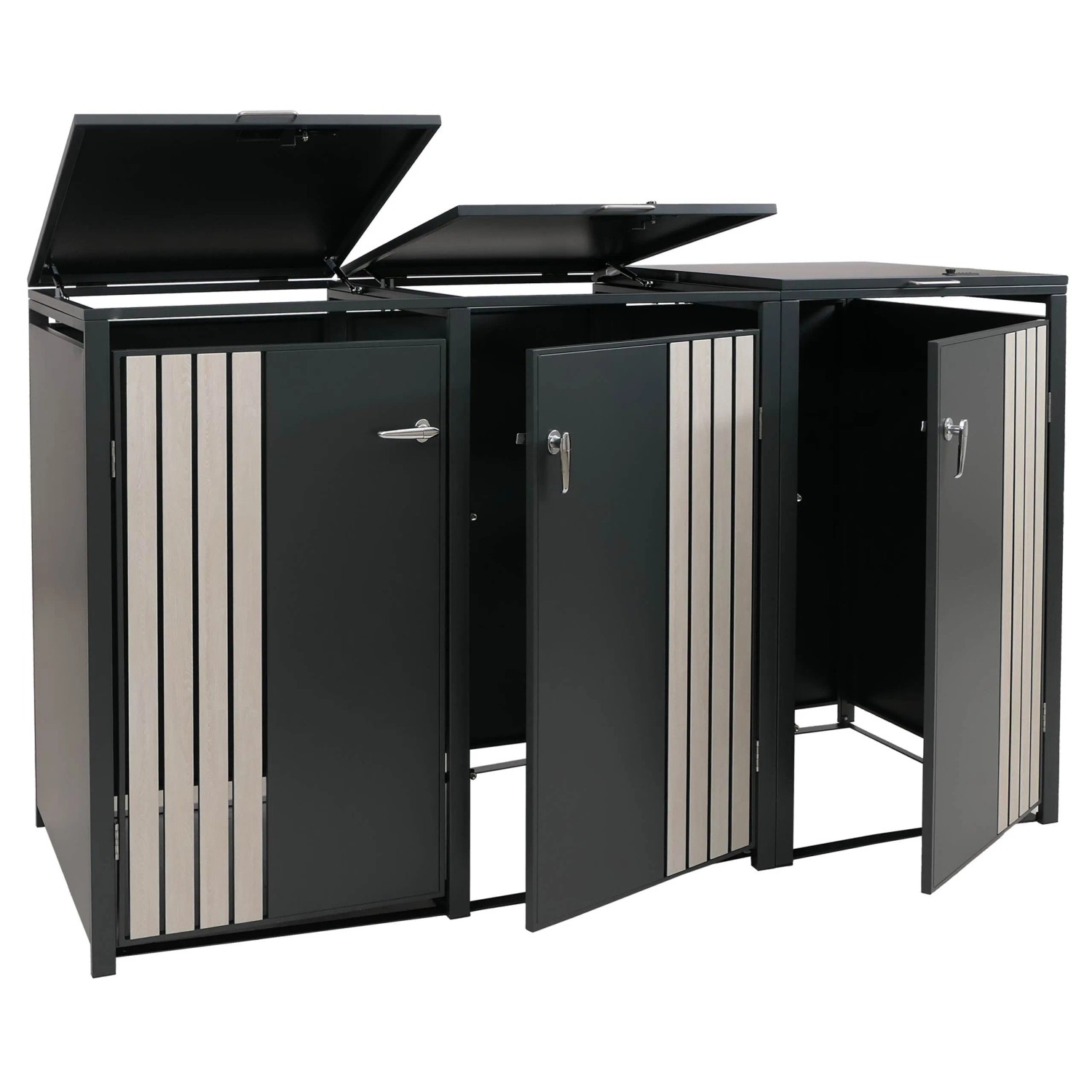 MCW 3er-Mülltonnenverkleidung O67 Anthrazit Holzoptik Hell 122x200x84cm