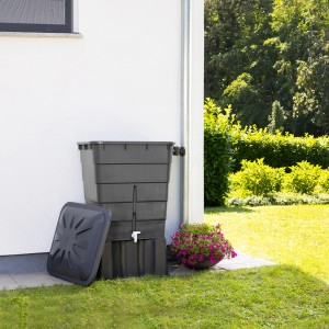Garantia Regentonnen-Unterstand Eckig 300 l, Graphite Grey, mit Regentonnen-Deckel und Blumen