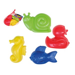 Mehrfarbige Sandförmchen, 4-fach sortiert: Ente, Fisch, Seepferdchen, Schnecke. Spielzeug für Sandkasten.