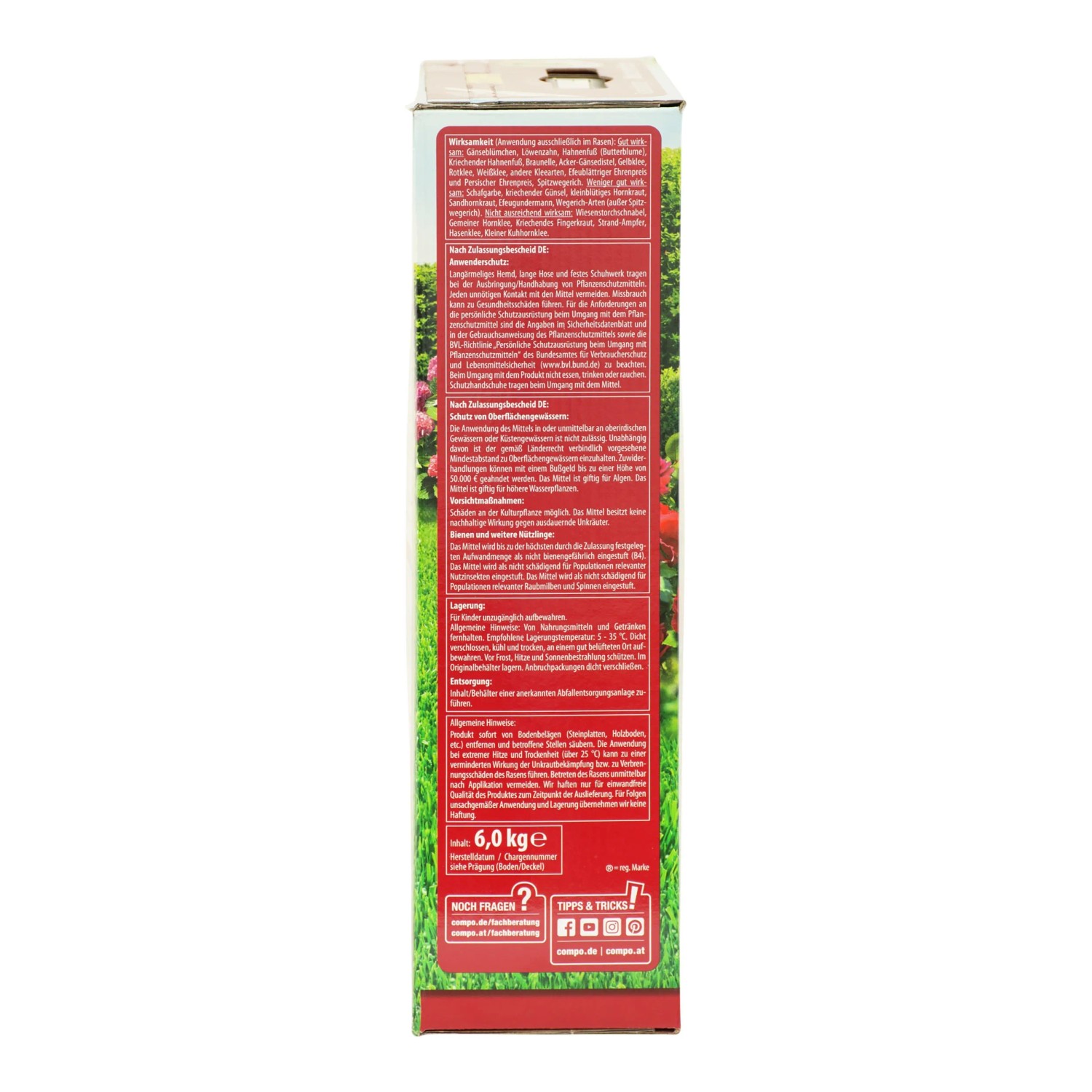 Compo Rasendünger plus Unkrautvernichter, 6 kg Packung für 200 m² Rasenfläche.