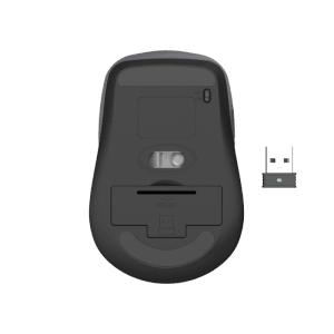 Unterseite der schwarzen Hama Multi-Device-Maus WM-450 mit USB-Empfänger. Kabellose Computermaus mit 7 Tasten.