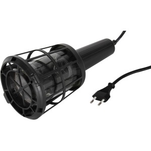 Schwarze ISO-Handleuchte aus Kunststoff mit Schutzkorb und Stecker.