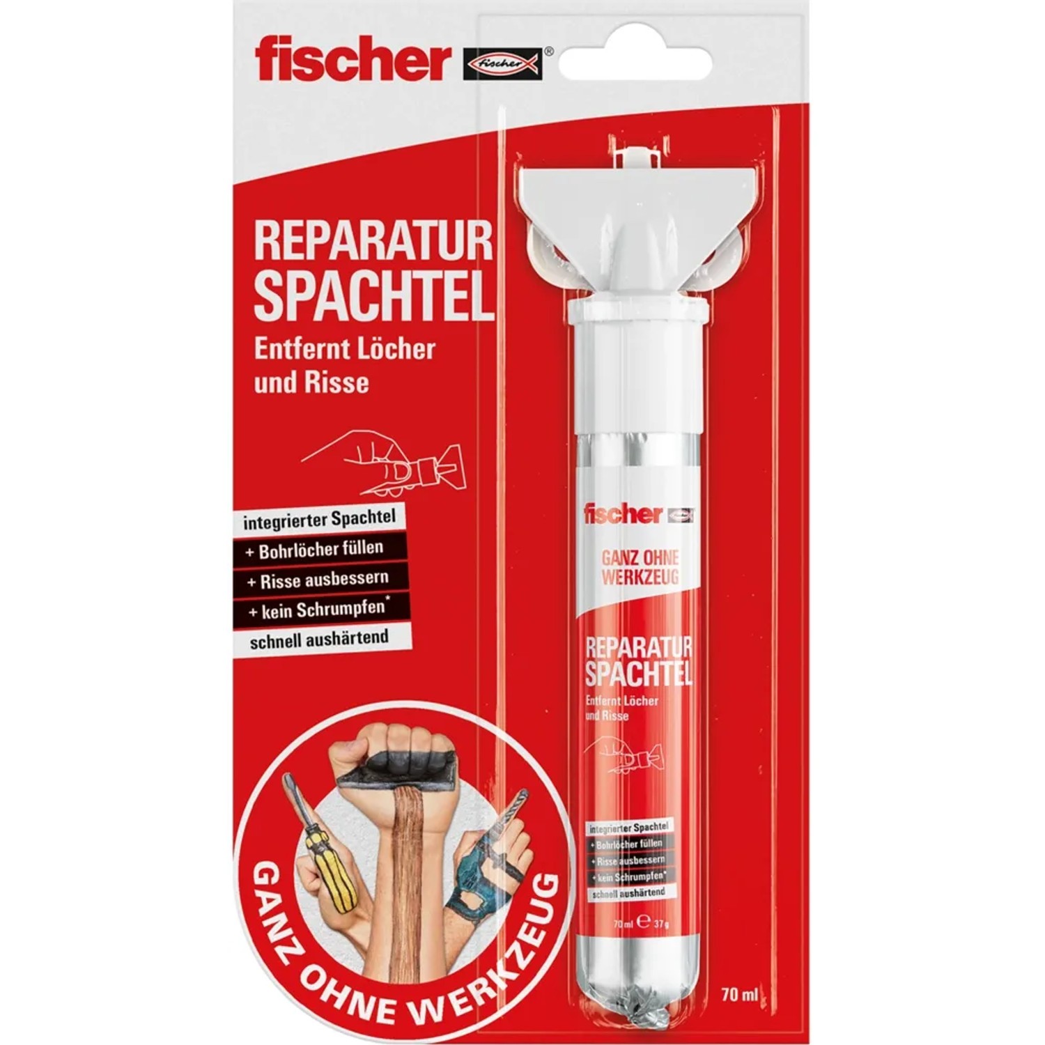 fischer Reparatur Spachtel 70ml, gebrauchsfertige Wandspachtelmasse mit integriertem Spachtel.