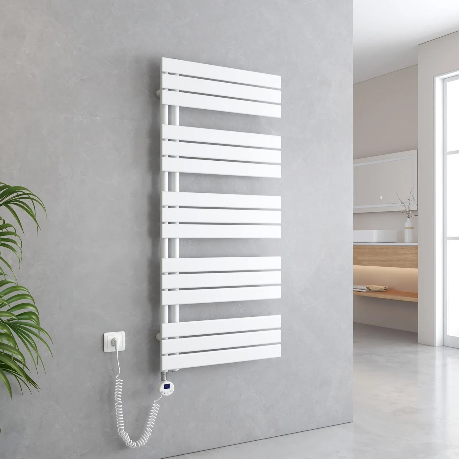 Weißer, elektrischer Emke Badheizkörper 60x132cm mit Thermostat und Timer zur Handtuchtrocknung.