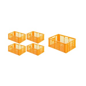 Set aus 5 gelb-orangen Eurobehältern/Bäcker-Konditorkästen, stapelbar, 49 Liter, für Vorratsdosen & Vorratsbehälter.