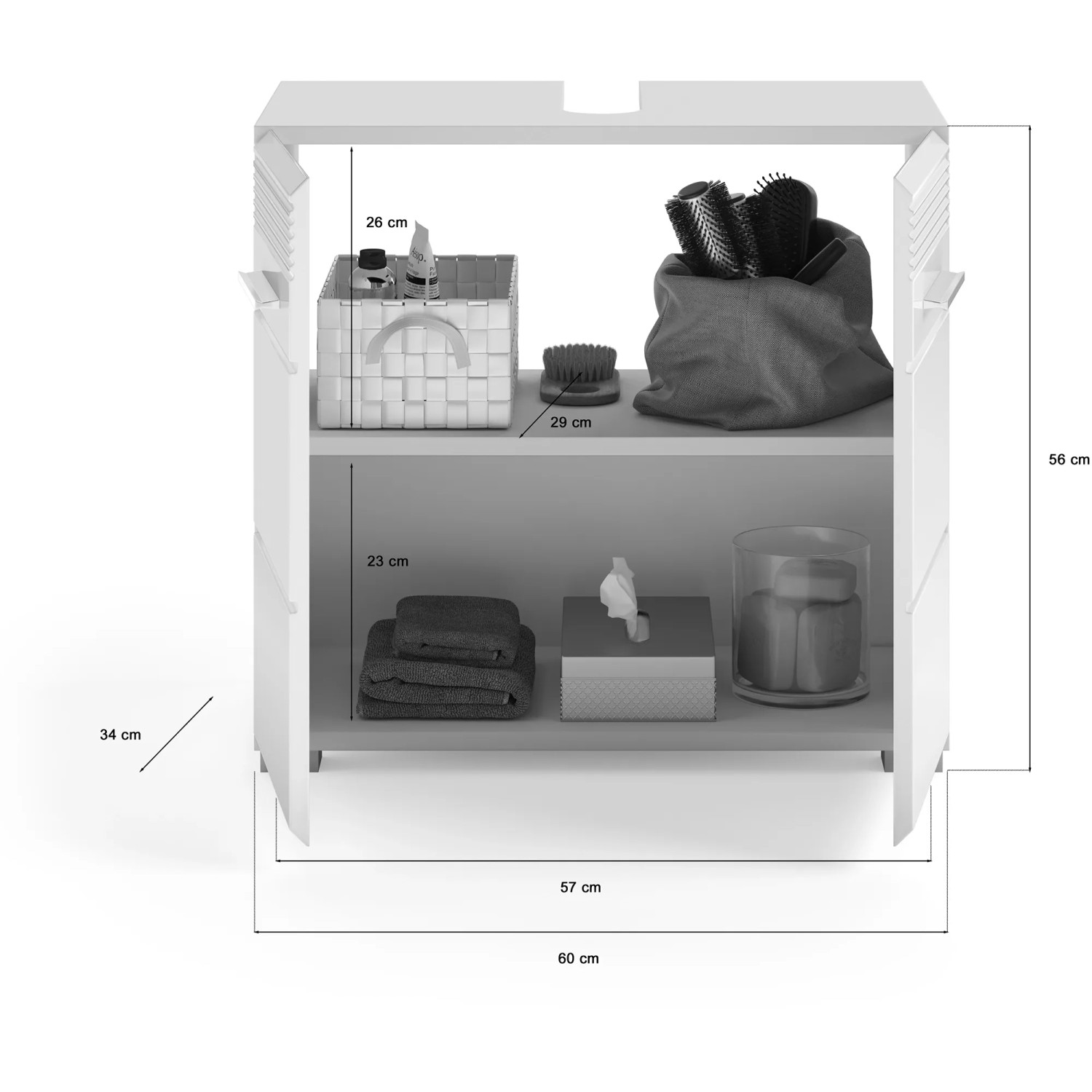 Badmöbel-Set Linus, weiß, 105 cm, 3-teilig, mit Maßen des Waschbeckenunterschranks, Spiegelschrank und Hochschrank.