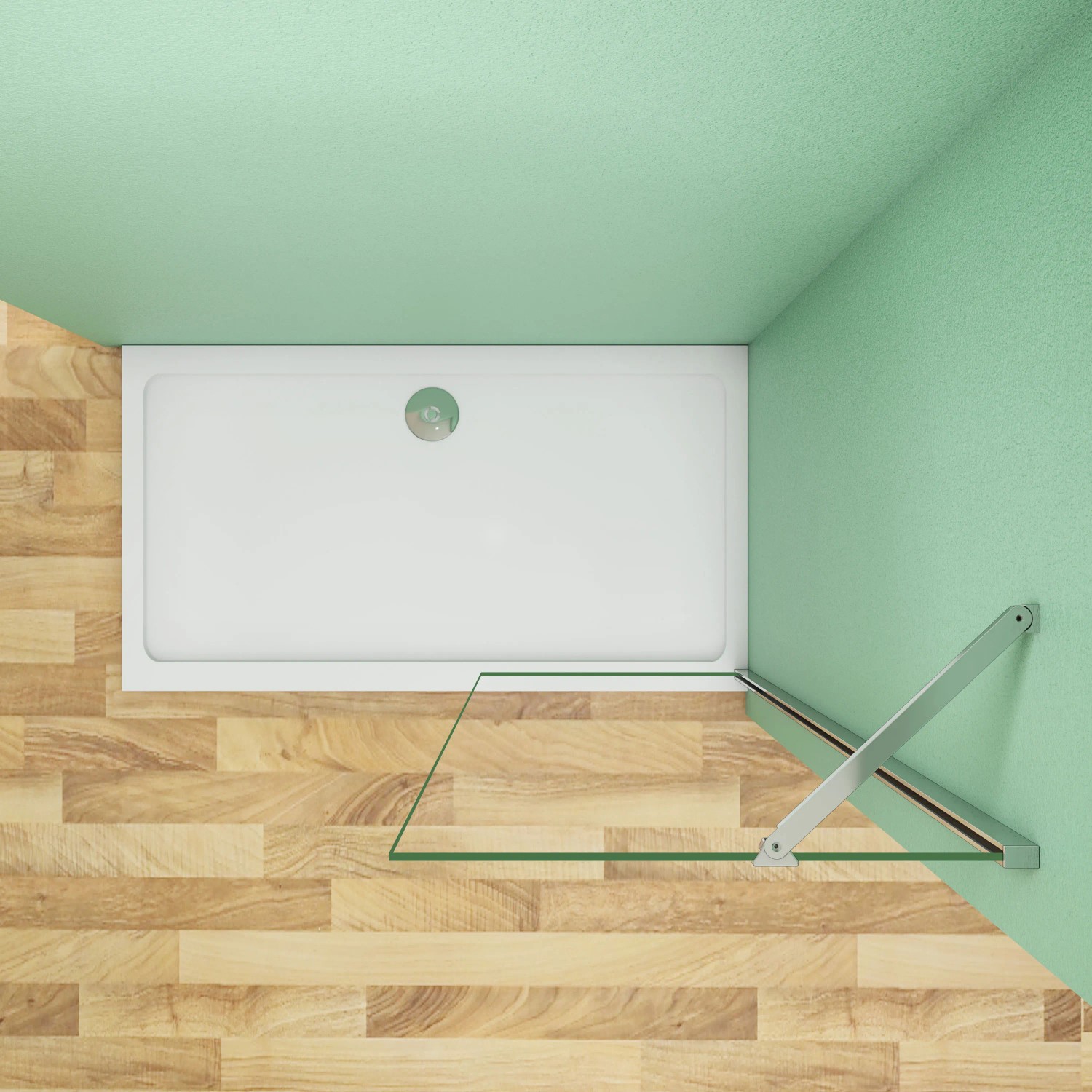 AICA Walk-In Dusche mit Duschwand, Stabilisator und Nano-Glas, Aufsicht.