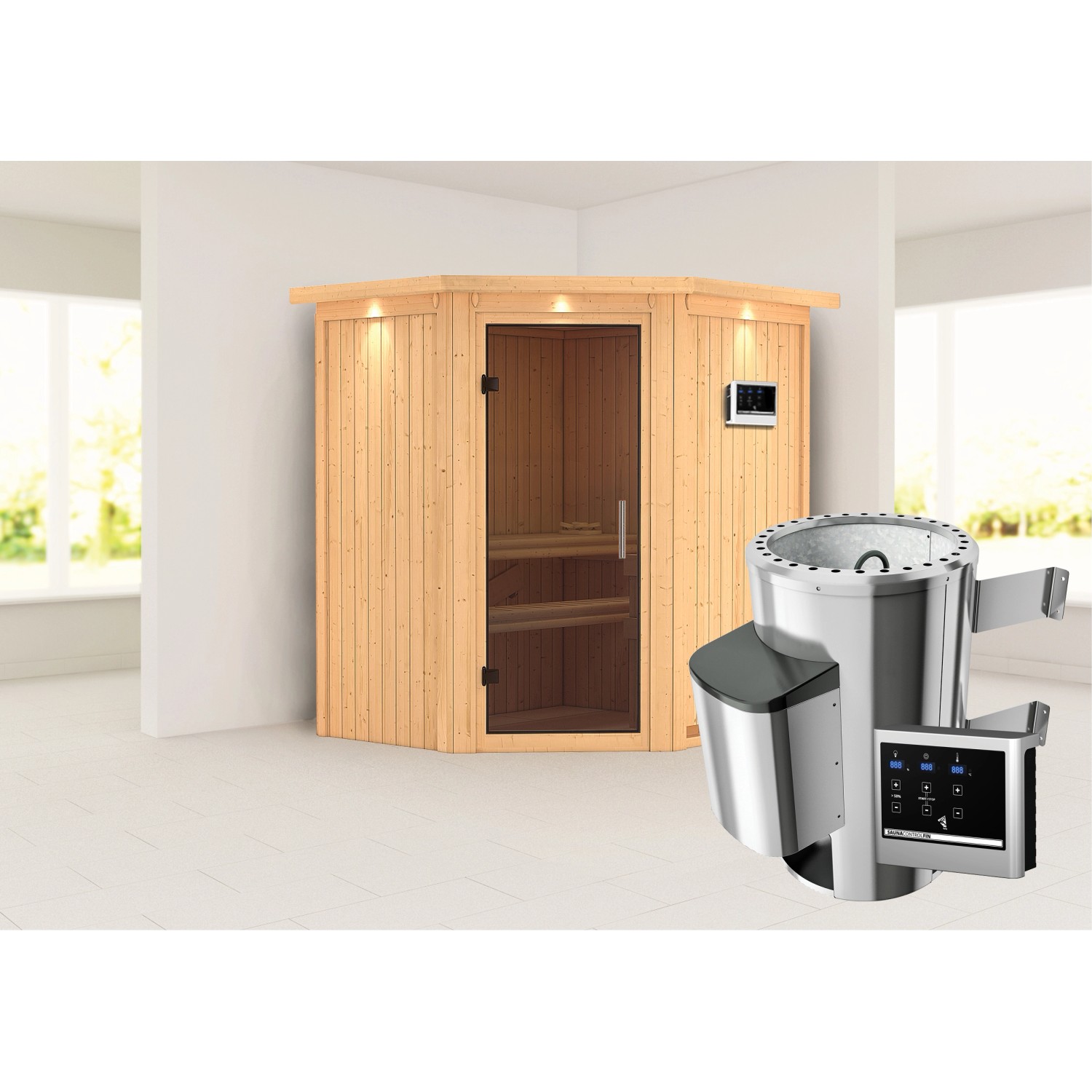 Karibu Sauna Thora mit Bio-Ofen externe Stg.Easy LED-Dachkranz Natur