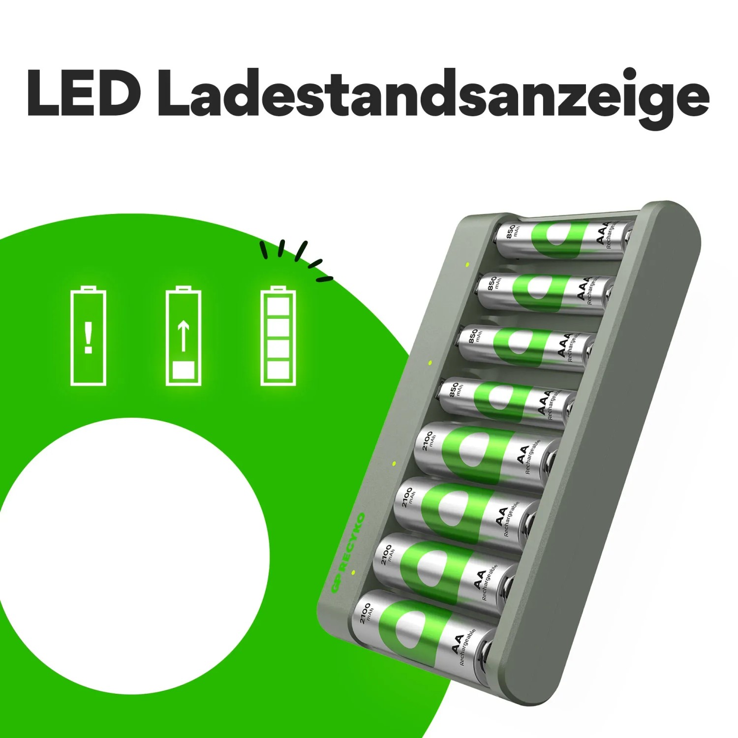 GP Akku-Ladegerät E821 mit 8 Akkus (AA/AAA) und LED-Ladeanzeige.