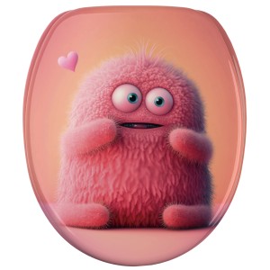 SANILO WC-Sitz Coco mit Absenkautomatik, Toilettendeckel aus Holz mit pinkem Monster Motiv.