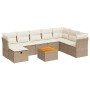 Beige 9-tlg. Garten-Sofagarnitur aus Rattan mit cremeweißen Kissen und Tisch mit Holzplatte.