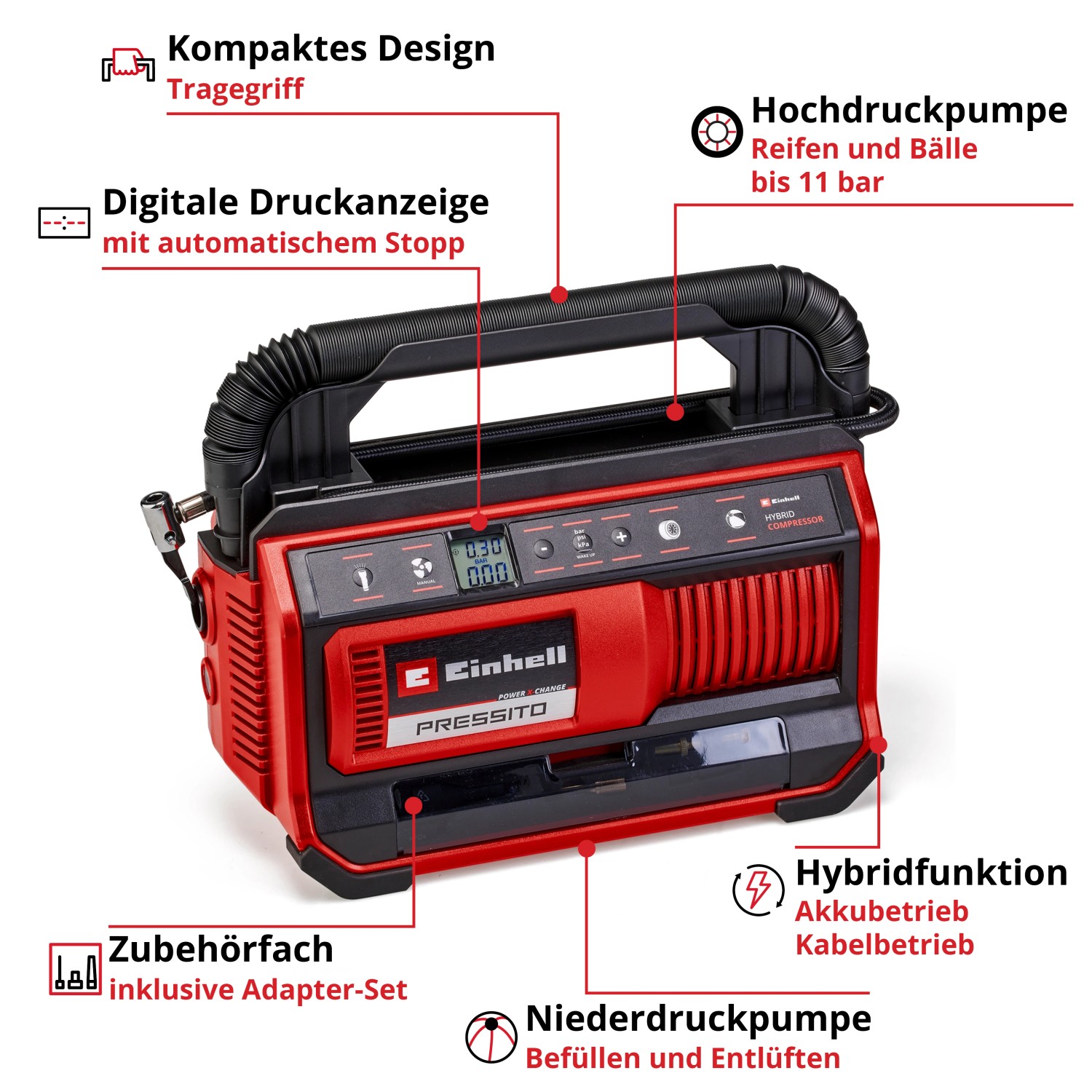 Einhell Power X-Change Pressito 18/25 Hybrid-Kompressor, rot/schwarz. Für Akku- und Kabelbetrieb.