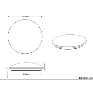 Technische Zeichnung der weißen LED-Deckenlampe Putz mit Sternenhimmel-Effekt, Abmessungen.
