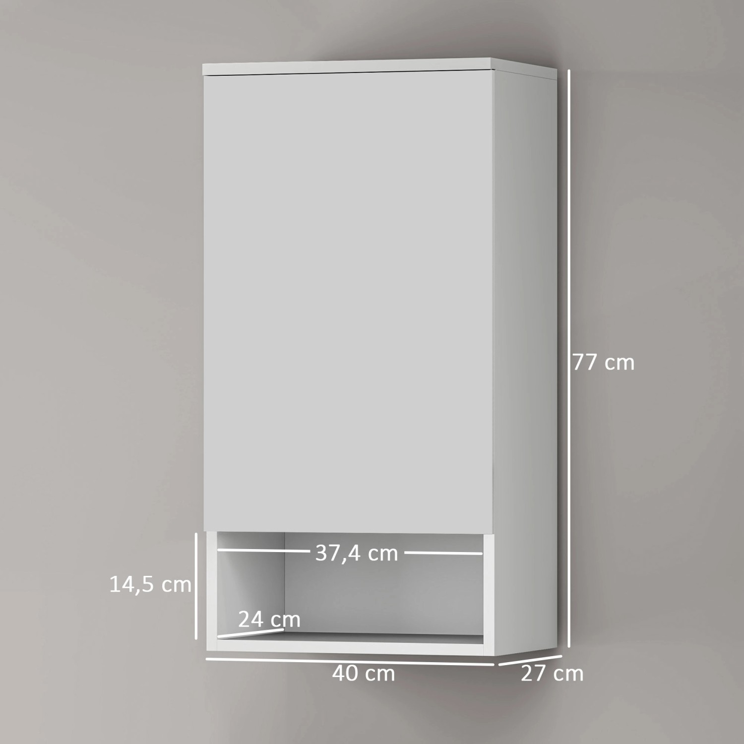 Weißer HOMCOM Wandschrank (40x27x77 cm) mit Tür und offenem Fach für Badezimmer.
