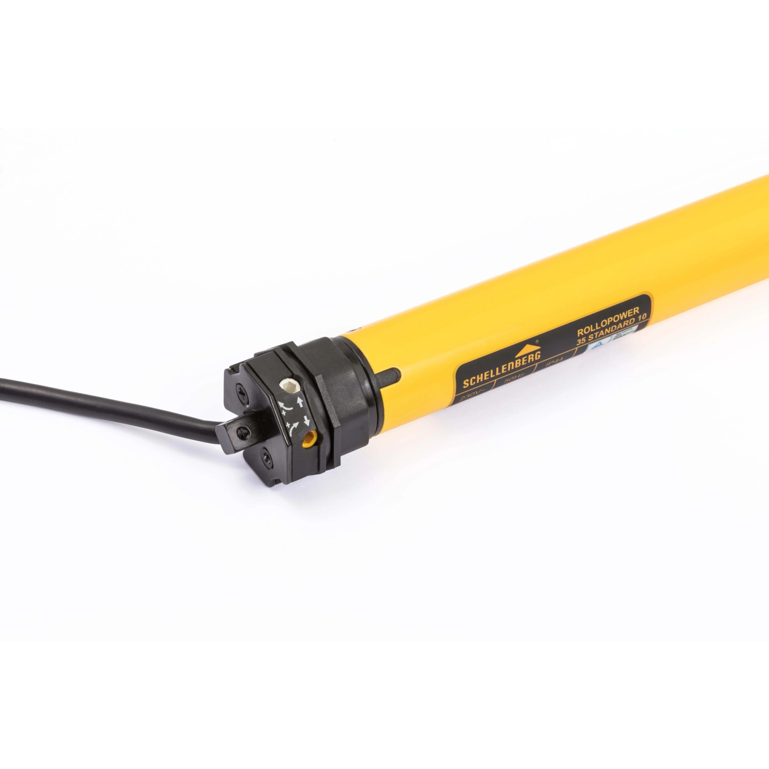 Schellenberg Rollladenmotor Standard Mini 10 Nm, gelber Rohrmotor mit schwarzem Kabel.