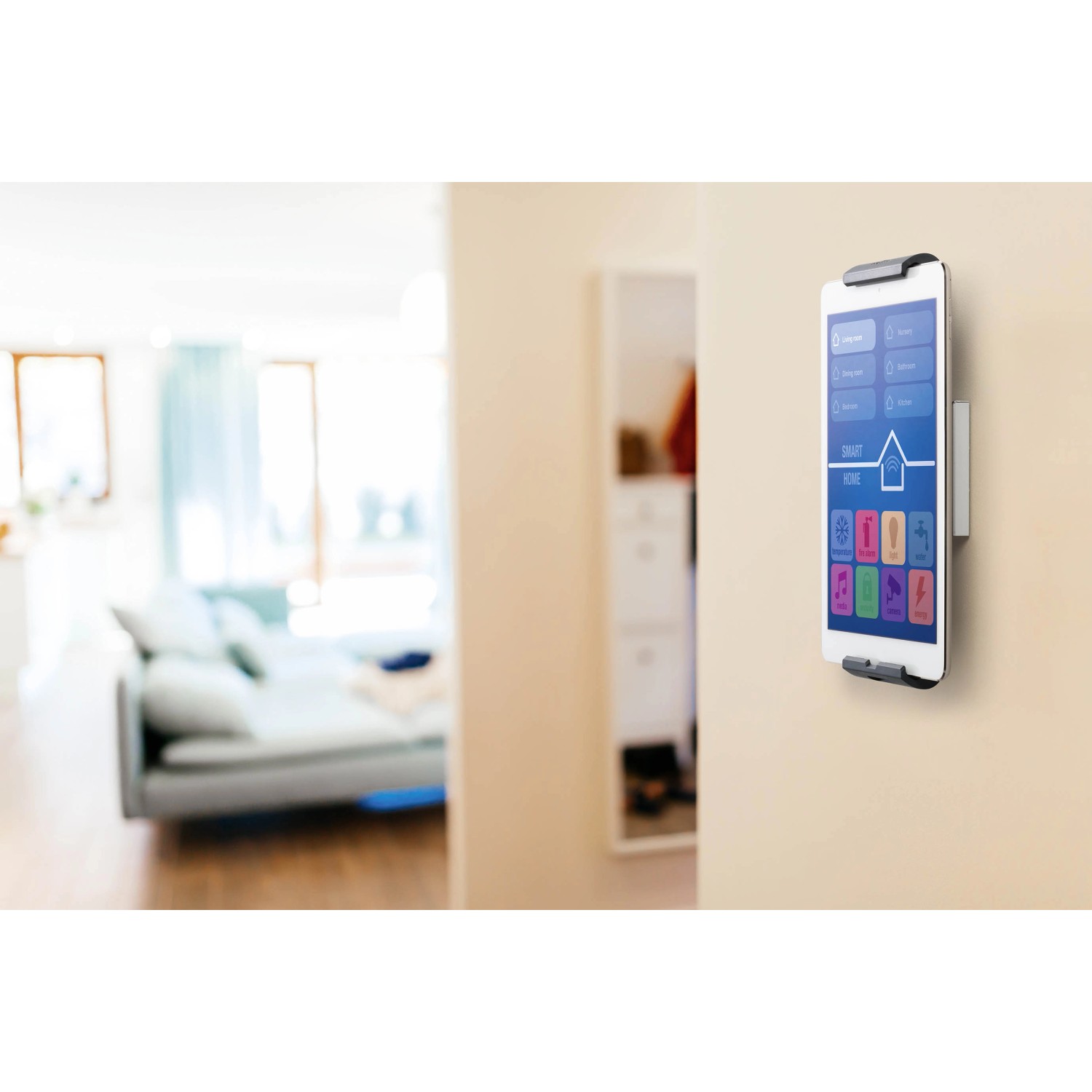 Tablet mit Smart Home Steuerung in Durable Wandhalterung mit Diebstahlsicherung, Silber/Anthrazit.
