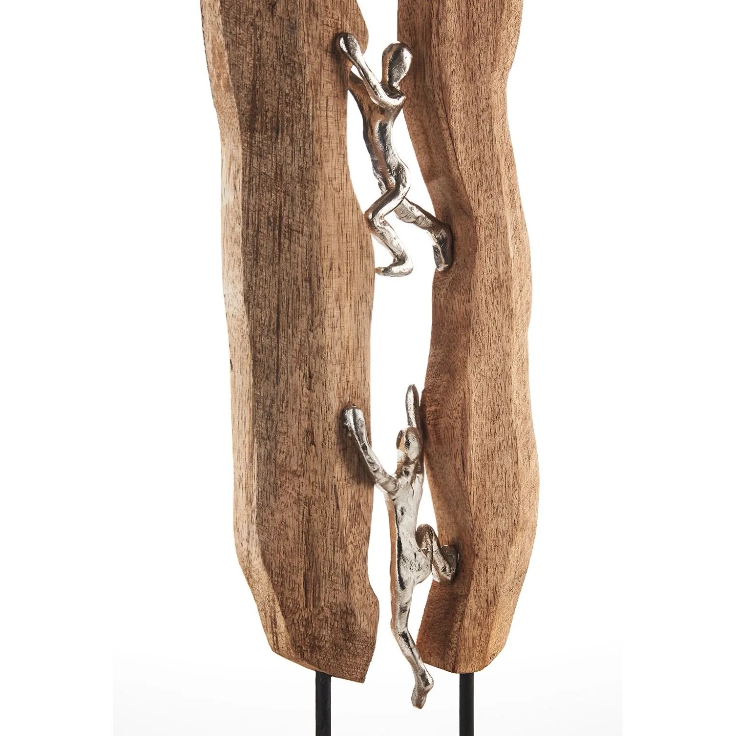 Dekorative Kobolo Holzfigur CLIMB: Zwei silberne Metallfiguren klettern an einem braunen Holzstück hoch.