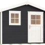 Anthrazitfarbenes Gartenhaus mit Satteldach, Fenster und Tür. Ideal als Gerätehaus oder Hobbyraum.
