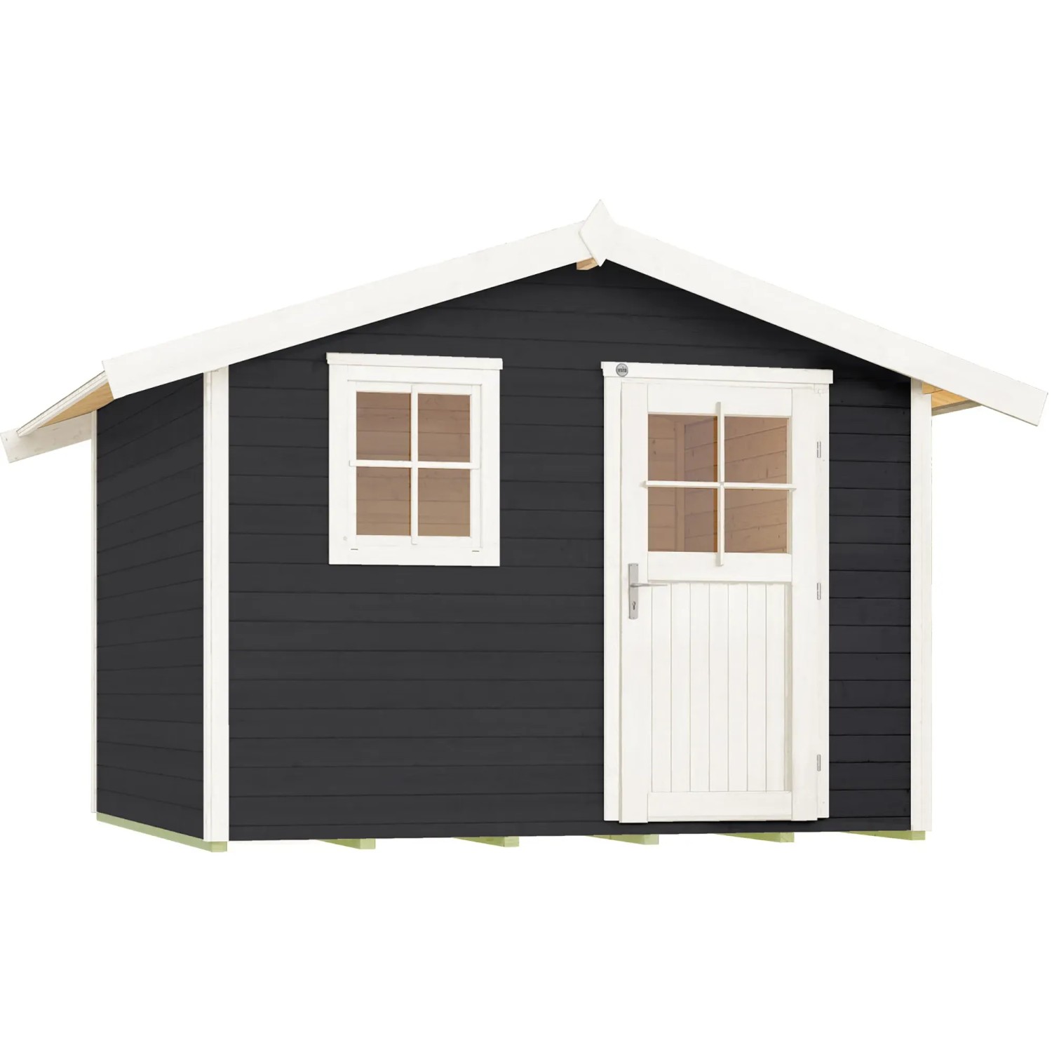 Anthrazitfarbenes Gartenhaus mit Satteldach, Fenster und Tür. Ideal als Gerätehaus oder Hobbyraum.