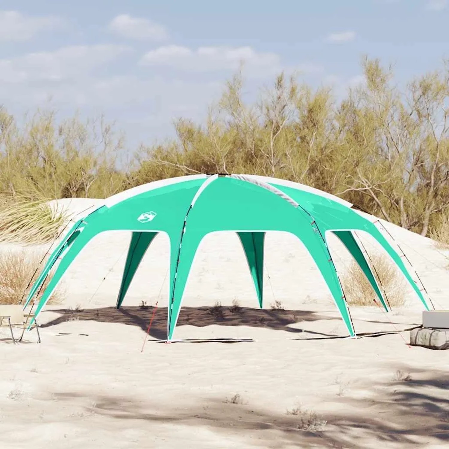 Seegrünes, wasserdichtes Partyzelt von vidaXL. Pavillon mit Fiberglasstangen und Abspannseilen im Außenbereich.