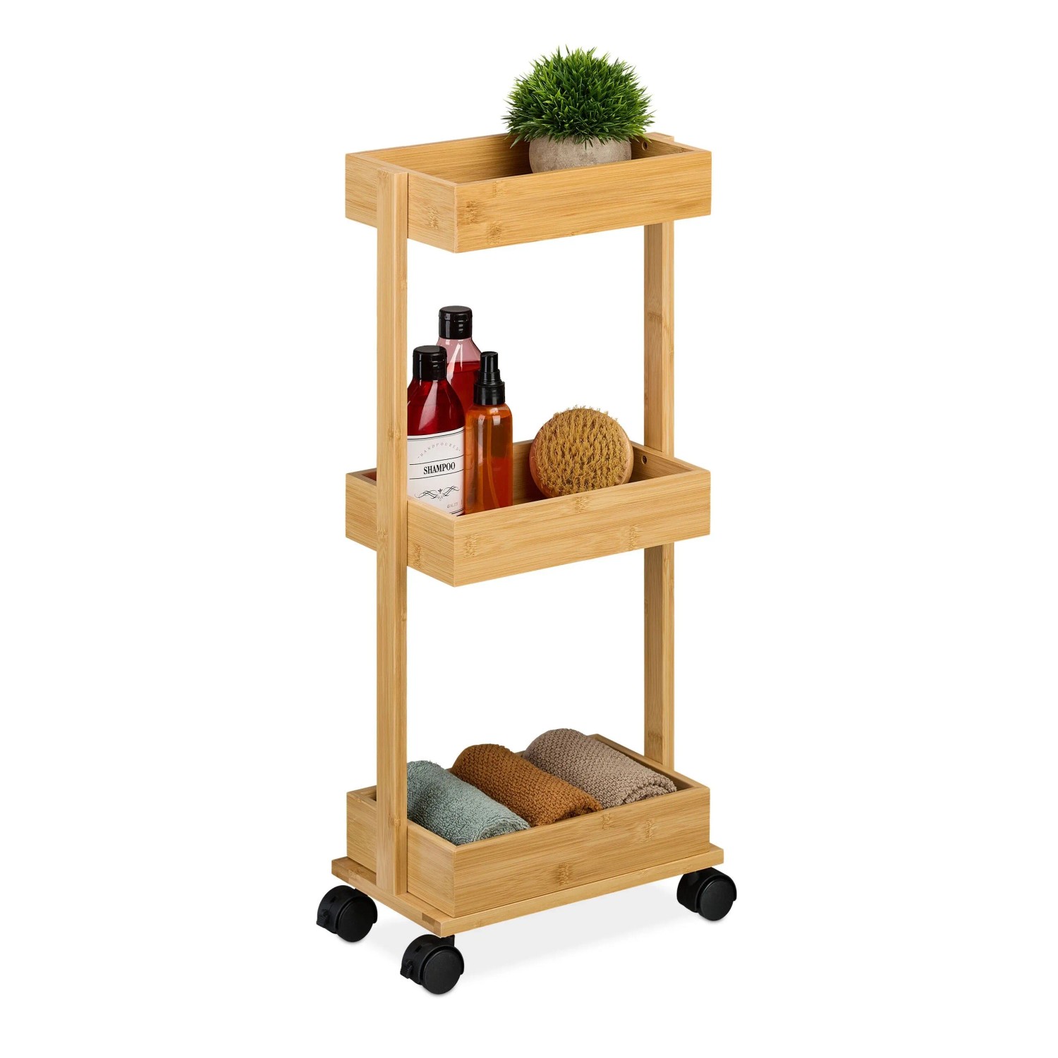 Relaxdays Rollwagen Bambus Natur 3 Ebenen Feststellbar 71,5 cm x 31 cm x 18 cm 2,2 kg