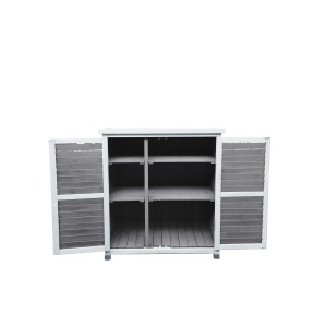 Offener Leco Gartenschrank Momo, 95 cm, grau-weiß, mit Regalböden. Ideal zur Aufbewahrung im Garten.