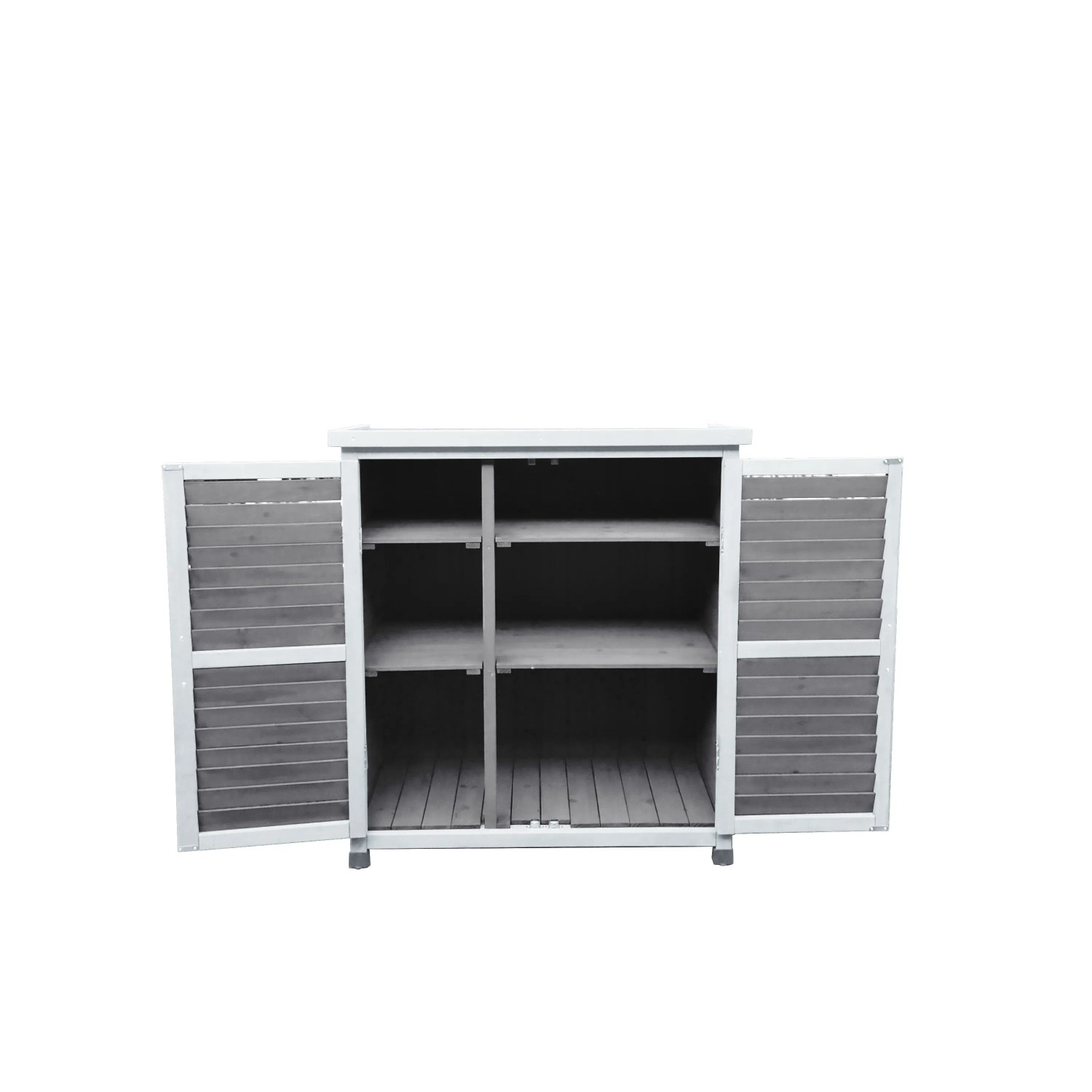 Offener Leco Gartenschrank Momo, 95 cm, grau-weiß, mit Regalböden. Ideal zur Aufbewahrung im Garten.