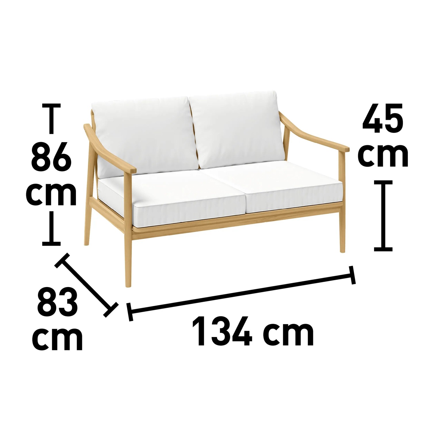 Lounge-Bank Lakewood aus Akazie (FSC®), 2-Sitzer mit weißen Kissen und Maßangaben.