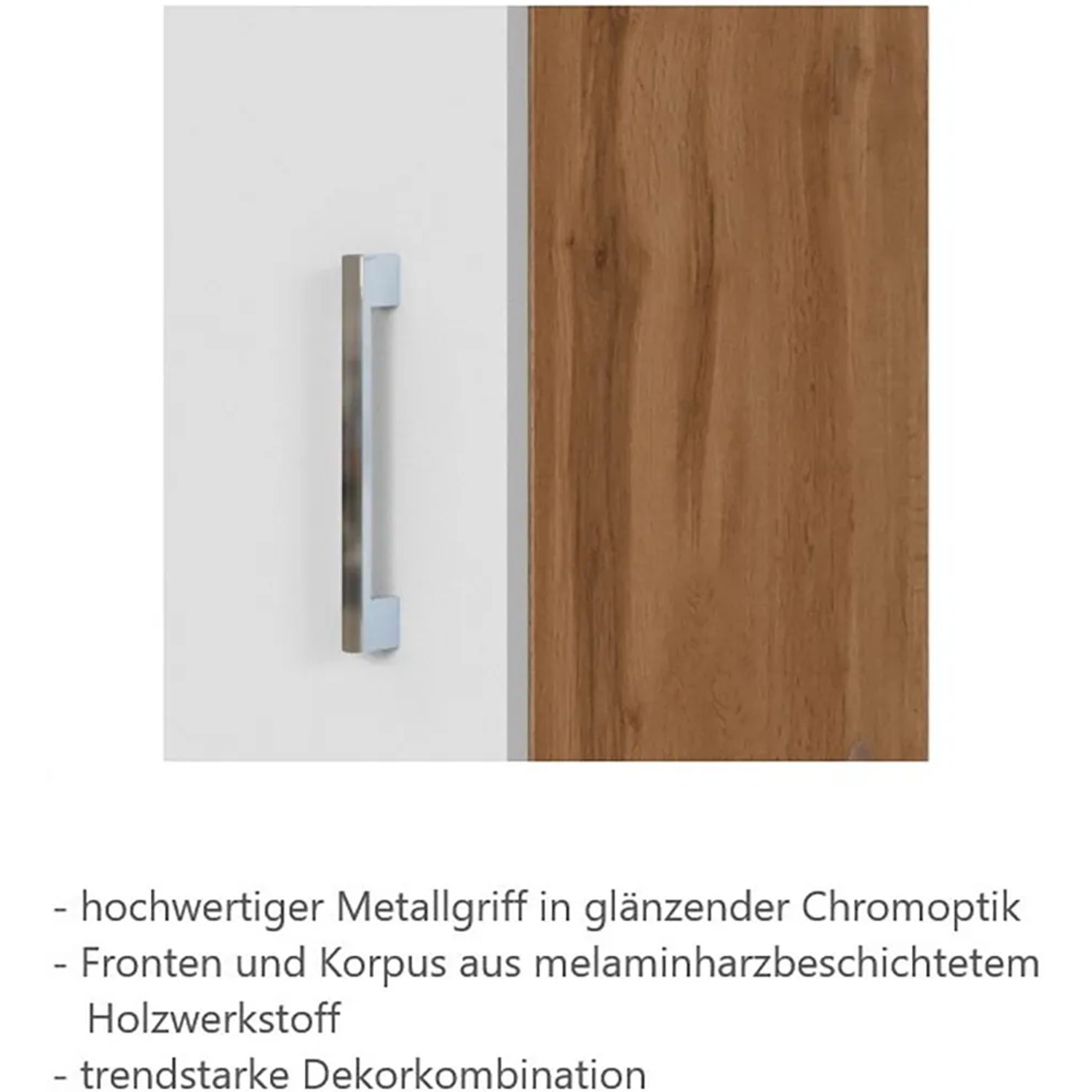 Detailaufnahme: Weißer Held Möbel Küchenunterschrank Sorrento mit Wotan Eiche Dekor und Metallgriff.