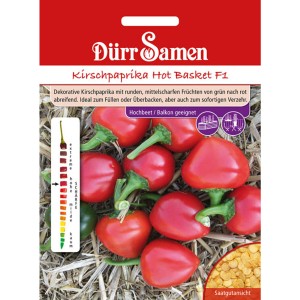 Dürr Samen Kirschpaprika Hot Basket F1 Saatgut mit roten, runden Paprikafrüchten.