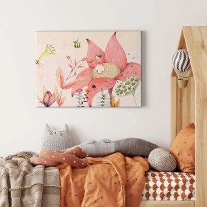 Märchenhaftes Kinderzimmer Bild mit Elfe, Blumen und Biene auf Leinwand. Rosa Wandbild für Mädchen.