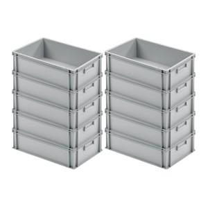 Zwei Stapel grauer Eurobehälter/Euroboxen (je 5 Stück) mit geschlossenem Griff, 30 Liter, für Lager und Transport.