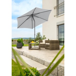 Schneider Marktschirm, silbergrau, mit Push-Up Mechanik auf Terrasse mit Gartenmöbeln.