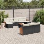 vidaXL 11-tlg. Garten-Sofagarnitur aus schwarzem Poly Rattan mit cremeweißen Kissen auf einer Terrasse.