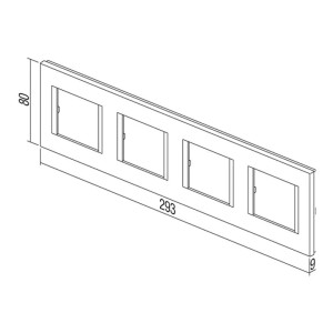 Technische Zeichnung: TEM MODUL PLUS 4-fach UP Rahmen, schwarz matt, horizontal. Maße: 80x293x9 mm.