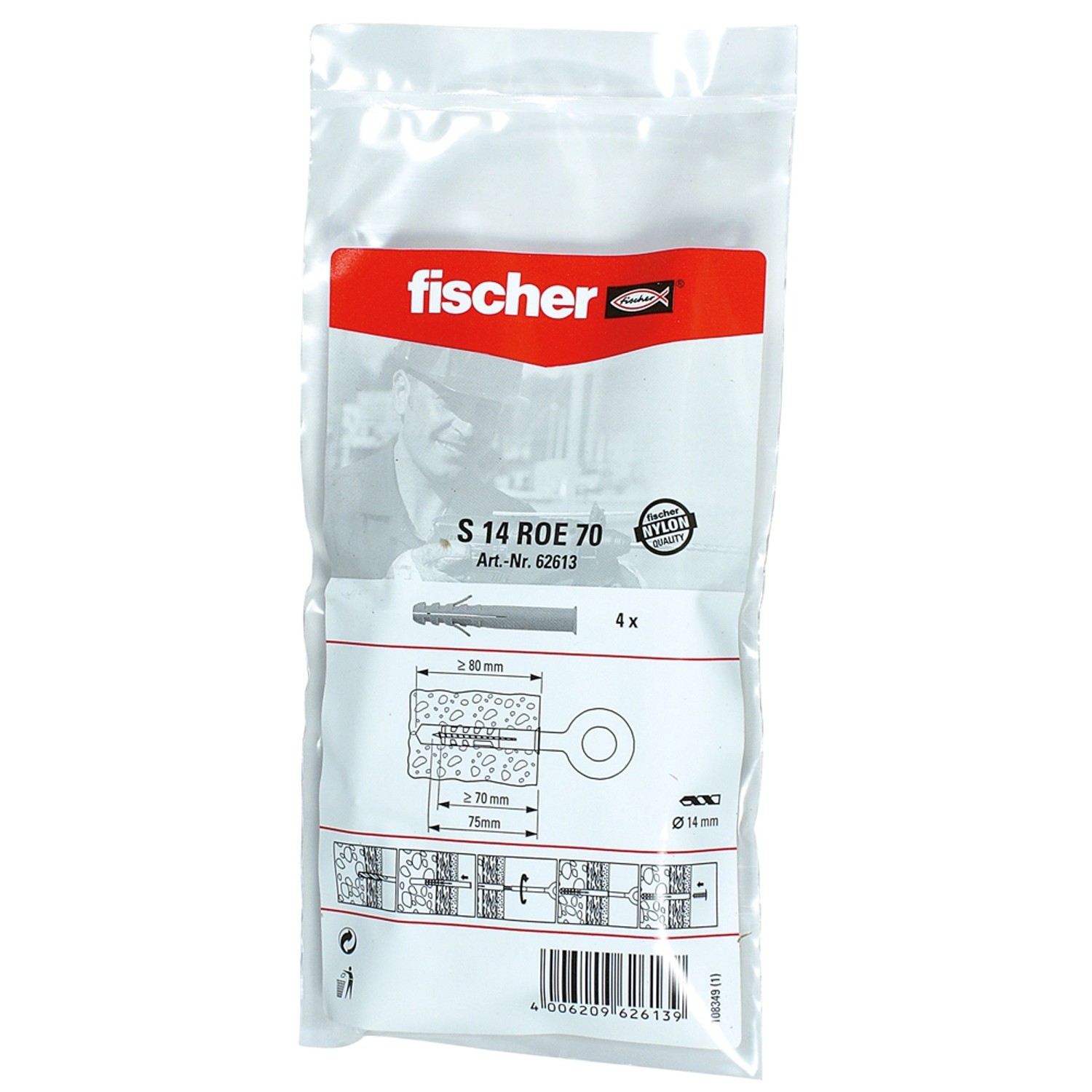 Fischer Dübel S 14 ROE 70, 4er-Packung, geeignet für Beton und Mauerwerk.
