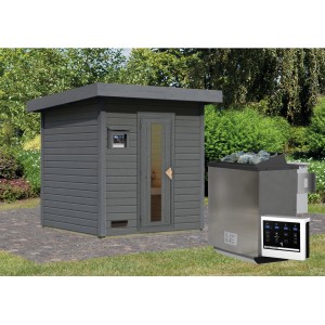 Karibu Saunahaus Arvi 2 Set, terragrau, mit Ofen, externer Steuerung. Saunahaus für entspannte Wellness-Momente.