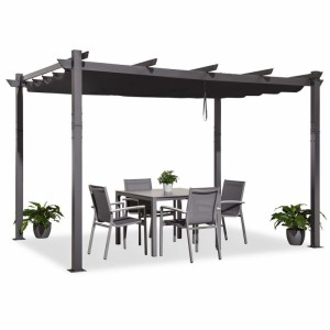 Dunkelgraue Aluminium Pergola mit ausziehbarem Schiebedach und Outdoor-Sitzgruppe für Garten & Terrasse.