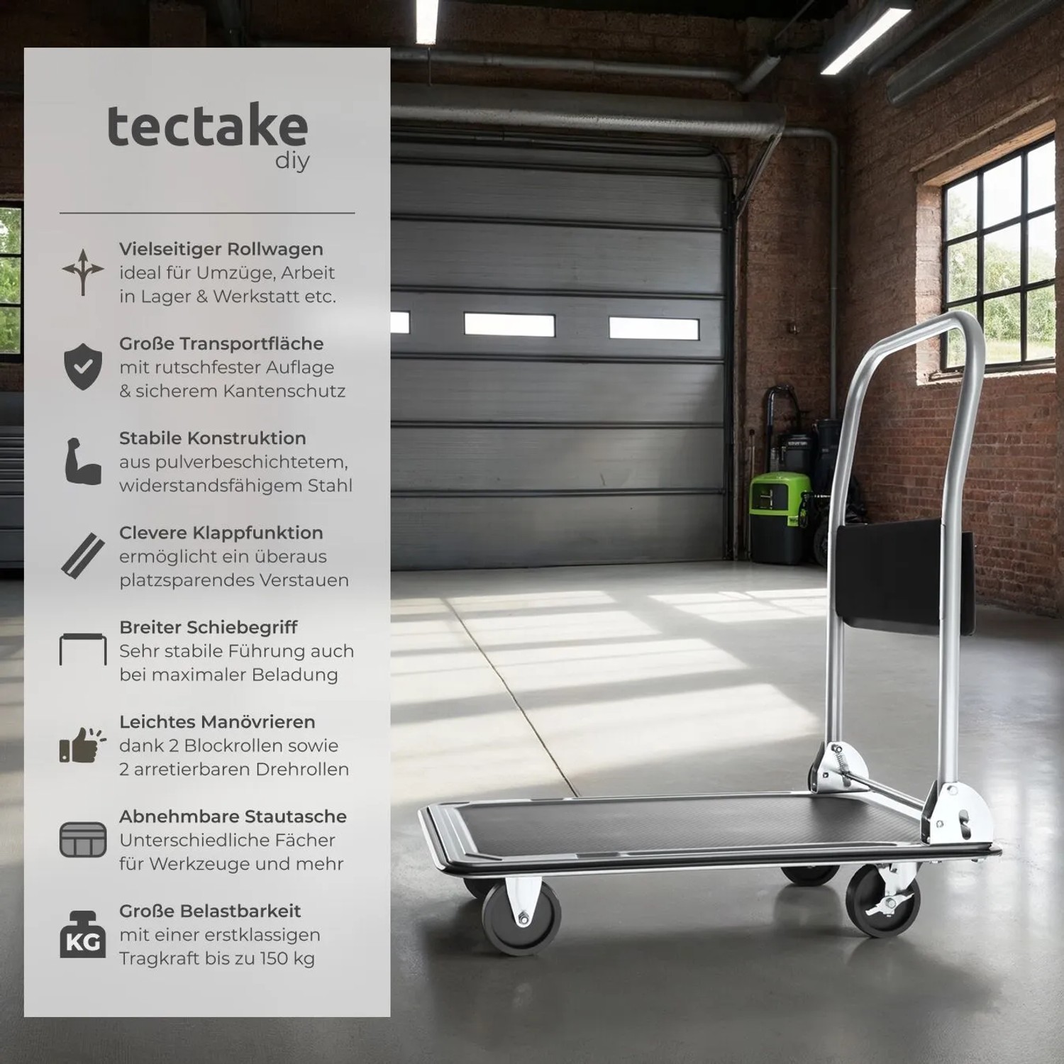 Tectake Plattformwagen  Klappbarer Handgriff Mit Aufbewahrungsfach 2 Block  und 2 Drehrollen  73 x 47 x 83 cm Schwarz_2