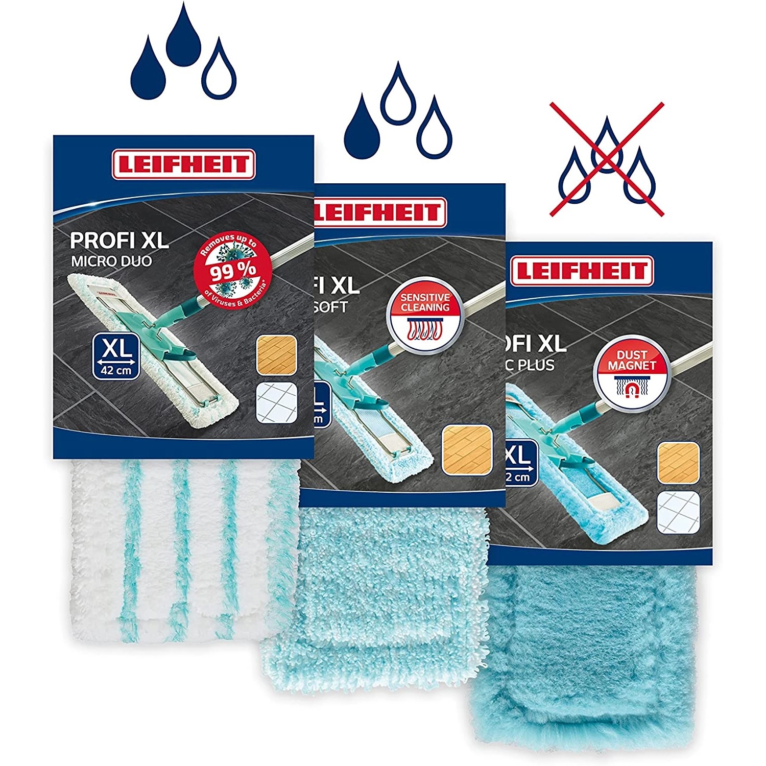 Leifheit 3er Set Wischbezug Profi XL 42cm Bezug für Verschiedene Böden