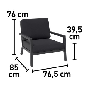 Lounge Sessel Springtown, Aluminium schwarz-dunkelgrau mit Maßangaben.