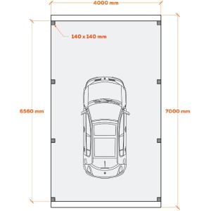 Skizze: Holzbrüder Camping-Carport Ralf, chromoxidgrün, 400x700cm, Blechdach, Dornengrün, mit Wohnmobil