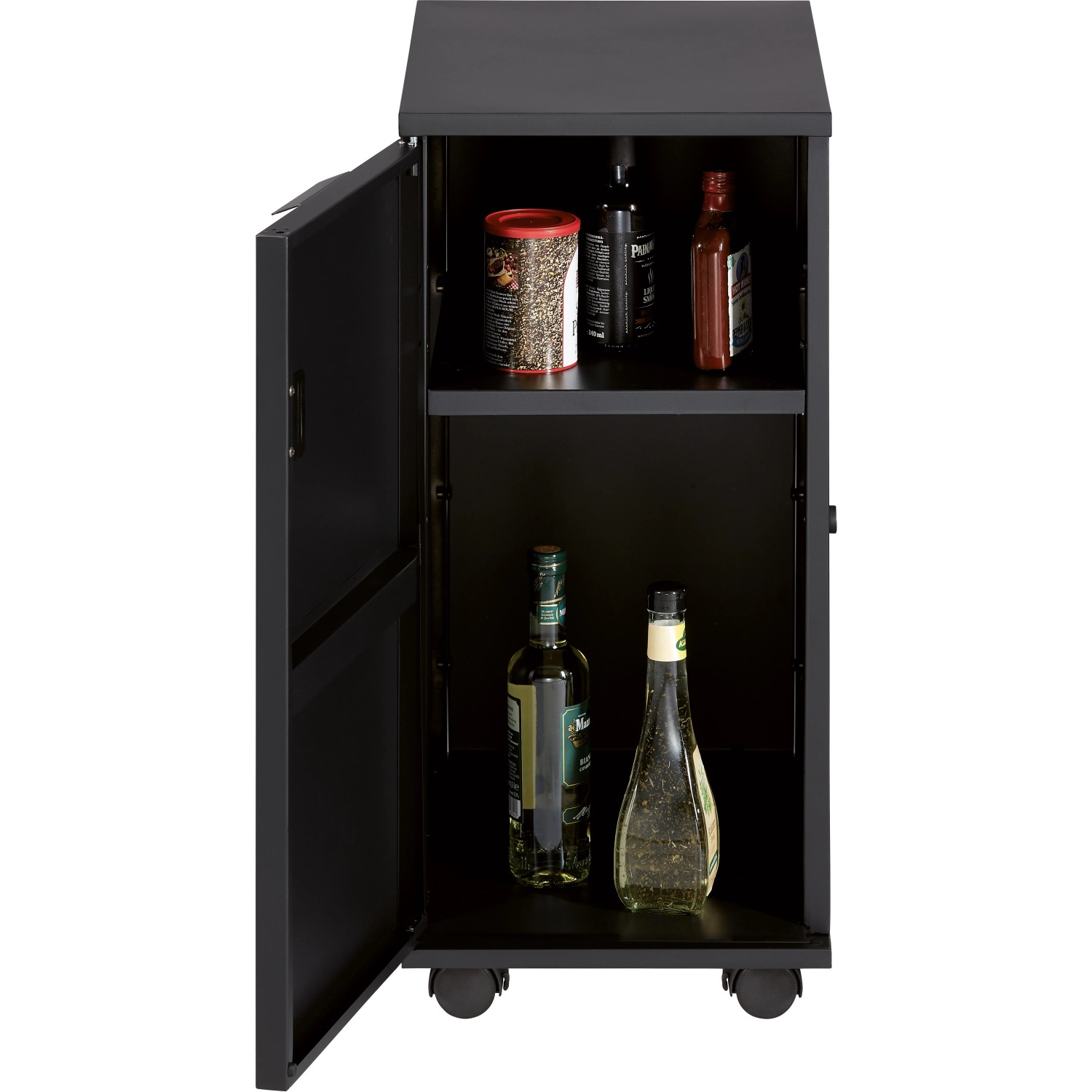 Enders Grill-Trolley mit offener Tür, gefüllt mit Grillutensilien. Mobiler Unterschrank für Monroe Pro, Colorado und Boston Grills.