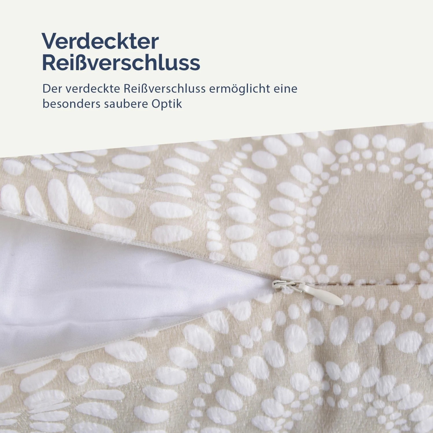 Bestlivings Kissenhülle Punkte Beige, Detailansicht mit Reißverschluss.