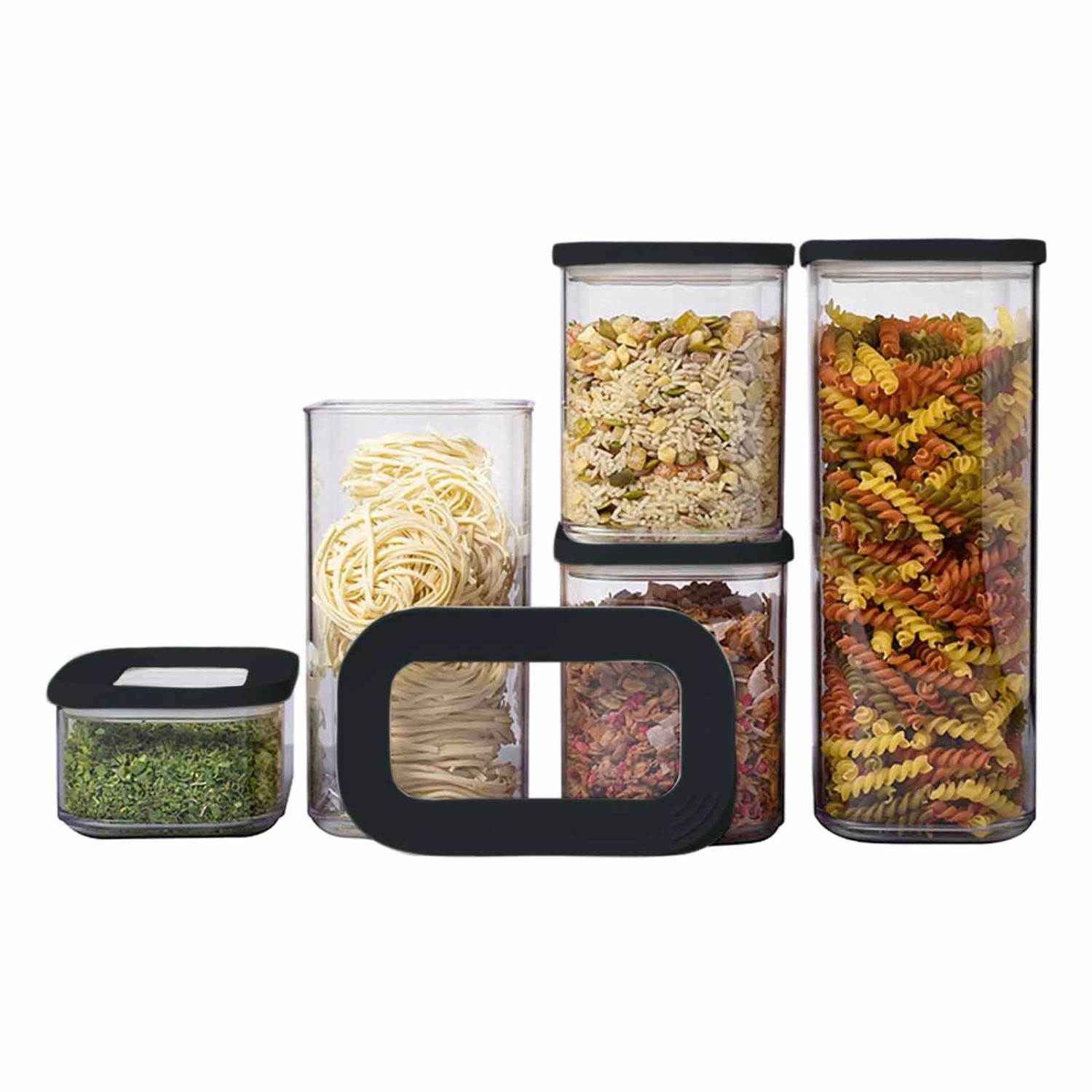Mepal Modula Vorratsdosen-Set, 5-teilig, schwarz, für trockene Lebensmittel wie Nudeln und Reis.