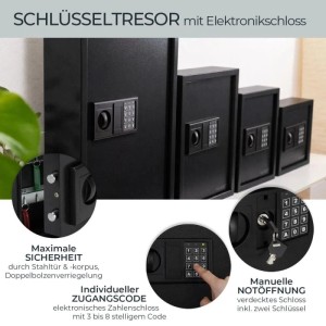 Schwarzer HMF Schlüsseltresor mit Elektronikschloss, Zahlencode und 100 Haken. Robuster Schlüsselsafe mit Notschlüssel-Funktion.