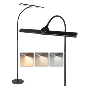 Moderne schwarze LED-Stehlampe mit flexiblem Schwanenhals, dimmbar, einstellbarer Farbtemperatur für Wohnzimmer & Büro.