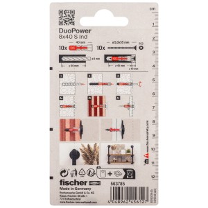 Fischer DuoPower Universaldübel 8x40 mm mit Schrauben, 10er-Pack, Funktionsweise und Anwendung dargestellt.