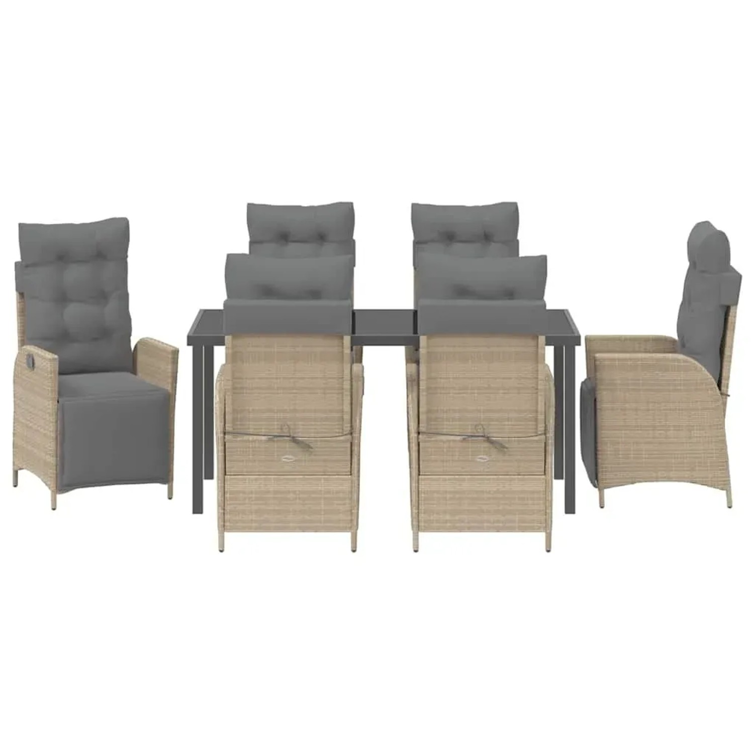 7-teilige Garten Essgruppe aus beigem Poly Rattan mit Tisch und verstellbaren Stühlen.